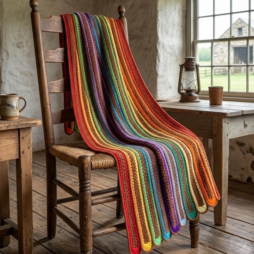 Vintage Handmade Crochet Rainbow Stripe Blanket Brown Scalloped Edge Retro 68x60